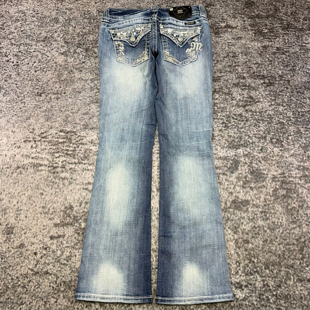 Miss Me Easy Boot Jeans Womens 24 (27x31) Blue Embellished Flap Pockets Low Rise